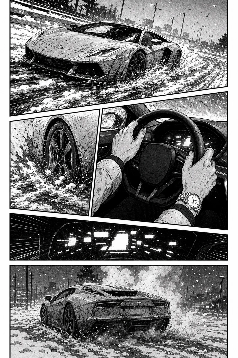Black and white manga vehicle line art page